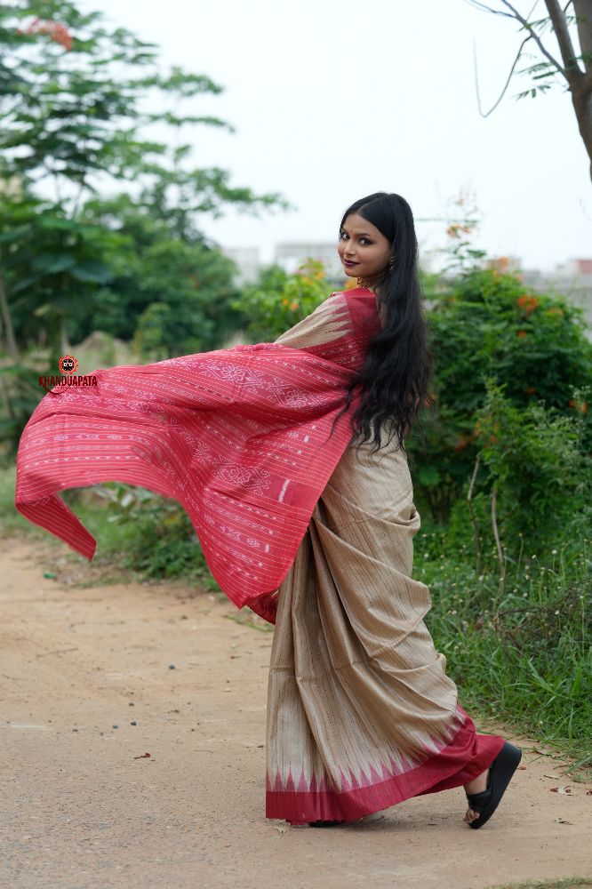 khanduapata Red & Beige Colour Plain Tussar Silk Saree For Women - Distacart