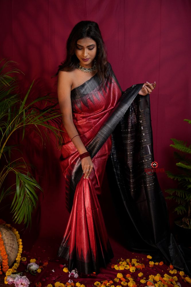 khanduapata Black & Red Colour Plain Tussar Silk Saree For Women - Distacart