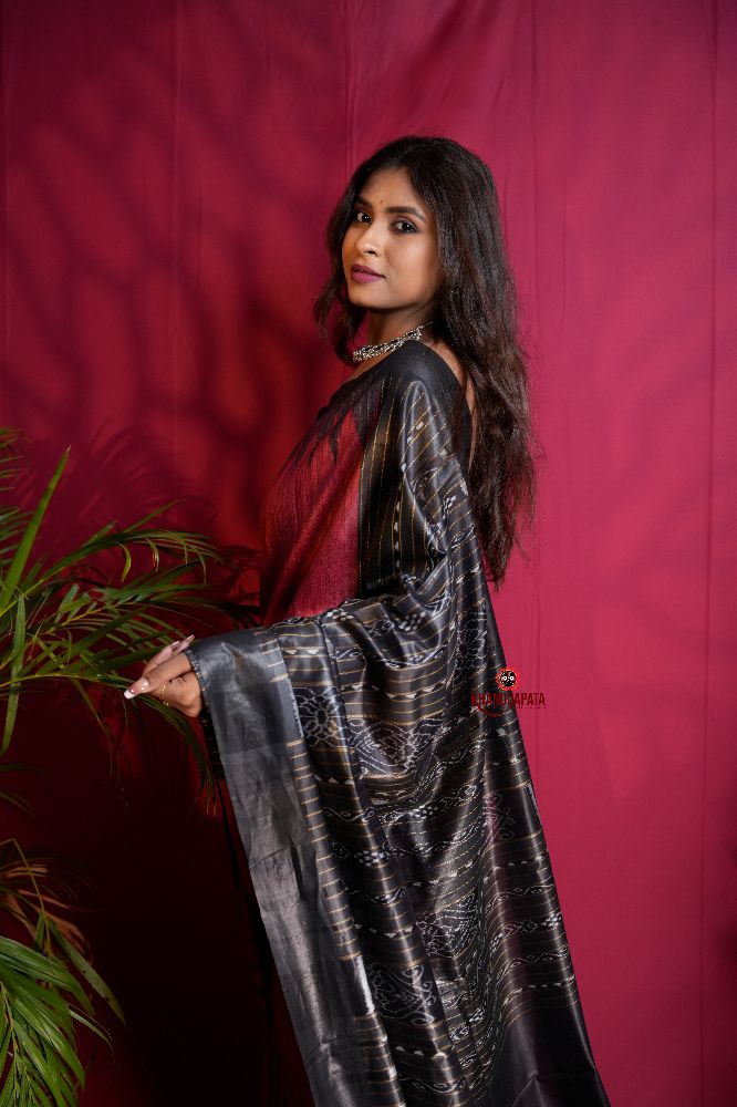 khanduapata Black & Red Colour Plain Tussar Silk Saree For Women - Distacart