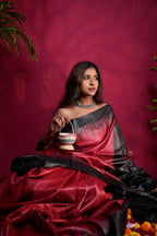 khanduapata Black & Red Colour Plain Tussar Silk Saree For Women - Distacart