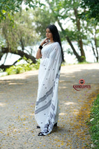 khanduapata White & Black Leaf Pattern Cotton Saree For Women - Distacart