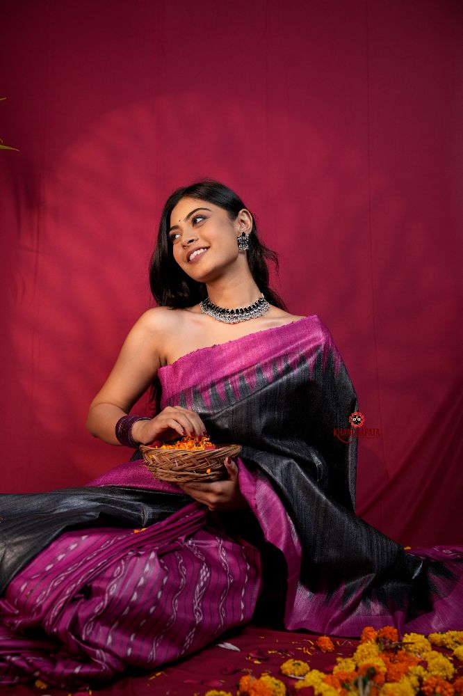 khanduapata Black & Pink Colour Plain Tussar Silk Saree For Women - Distacart