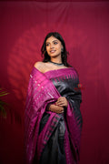 khanduapata Black & Pink Colour Plain Tussar Silk Saree For Women - Distacart