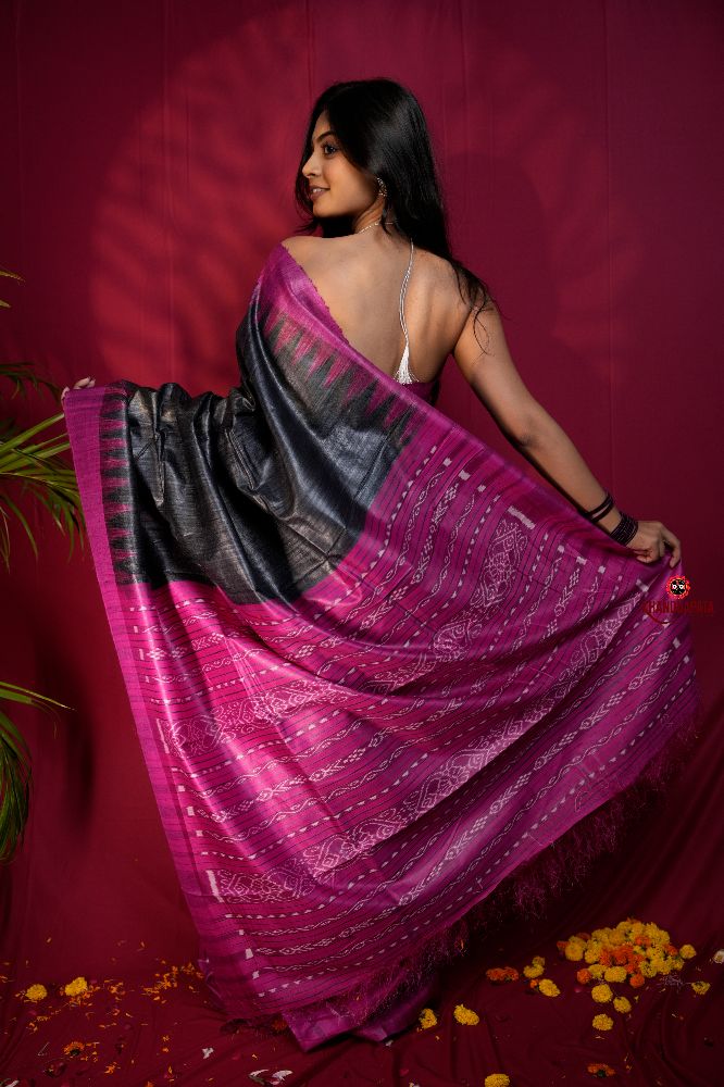 khanduapata Black & Pink Colour Plain Tussar Silk Saree For Women - Distacart