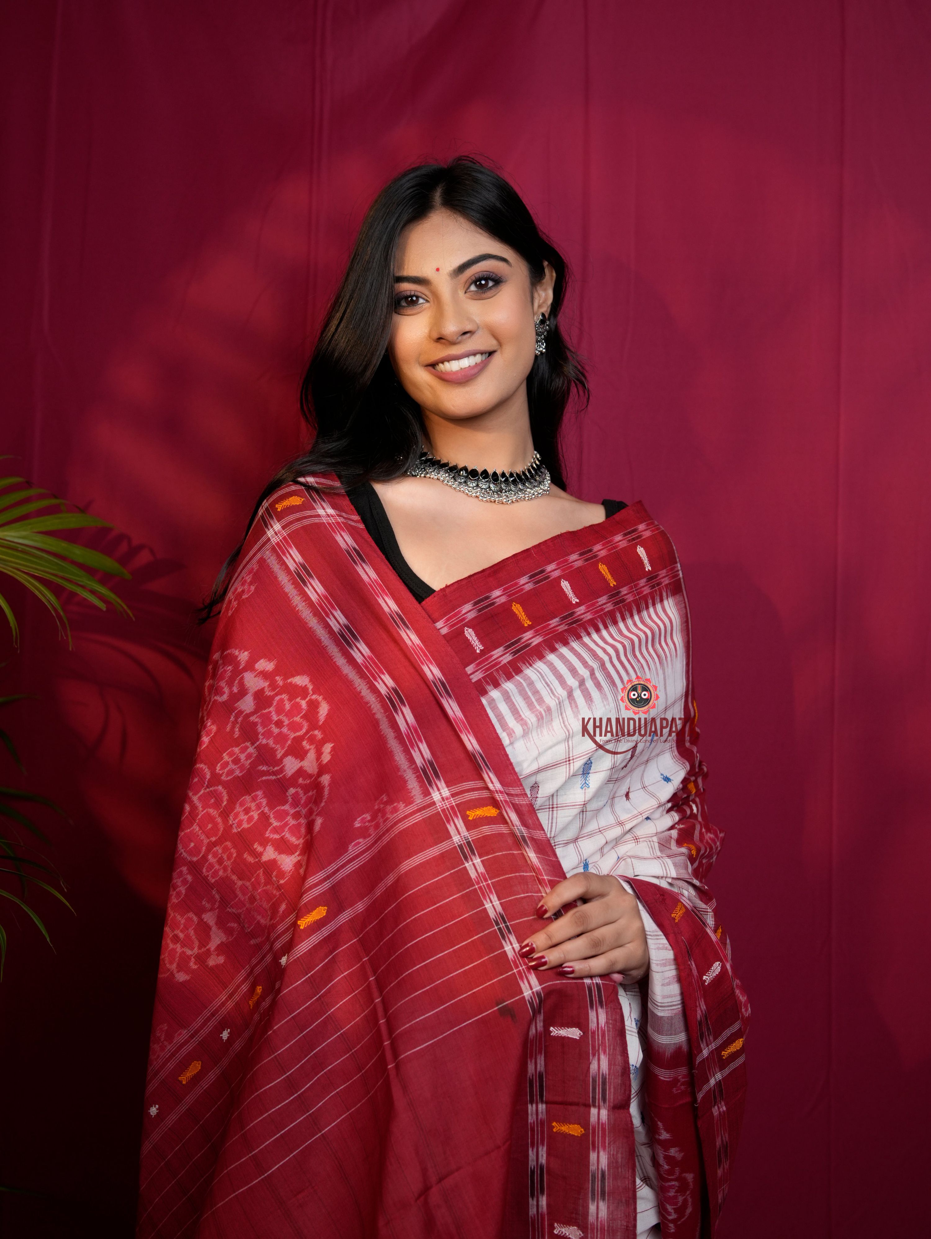 khanduapata Red & White Colour Fish Design Cotton Saree For Women - Distacart
