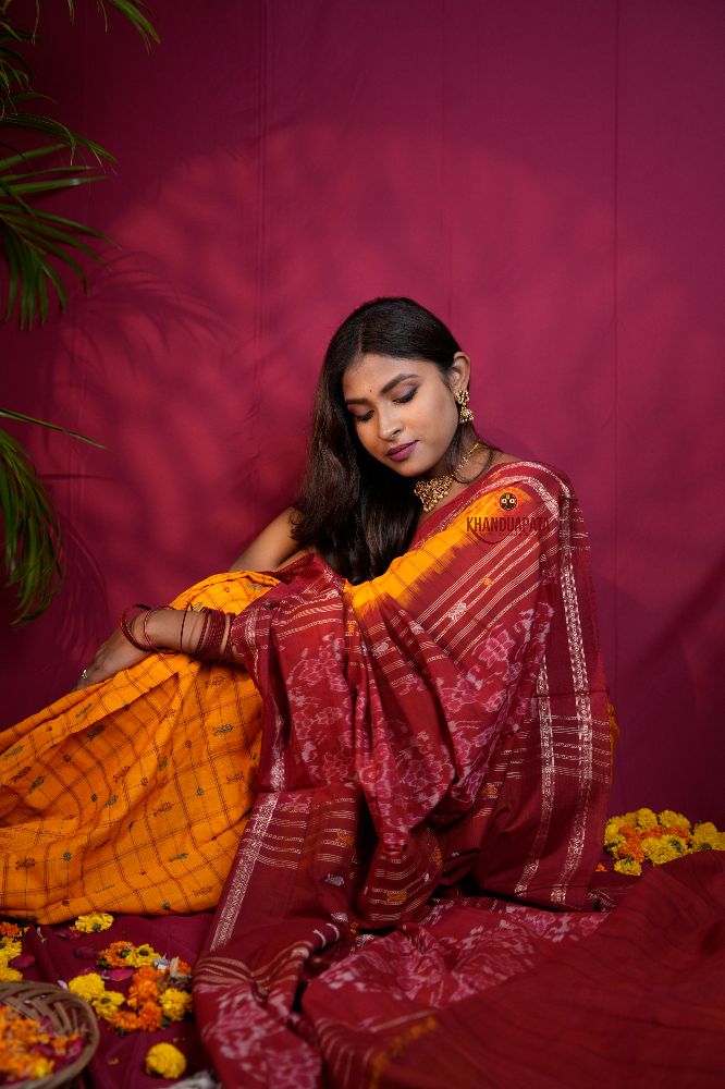 khanduapata Red & Yellow Colour Fish Design Cotton Saree For Women - Distacart