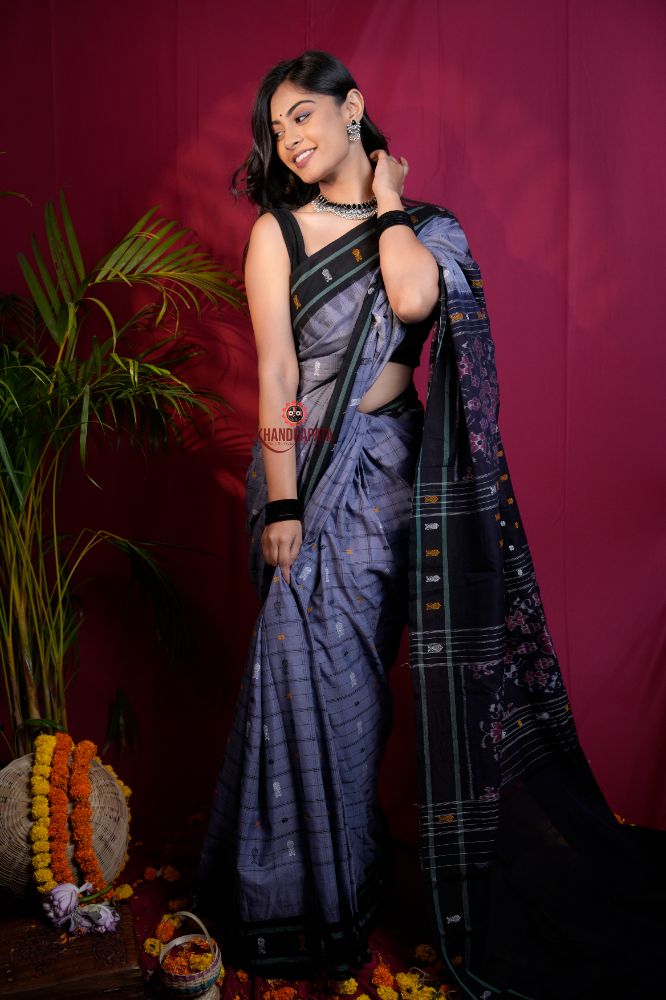 khanduapata Grey & Black Colour Body Design Cotton Saree For Women - Distacart