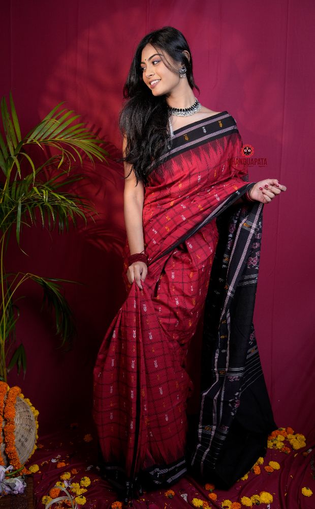 khanduapata Red & Black Colour Fish Design Cotton Saree For Women - Distacart