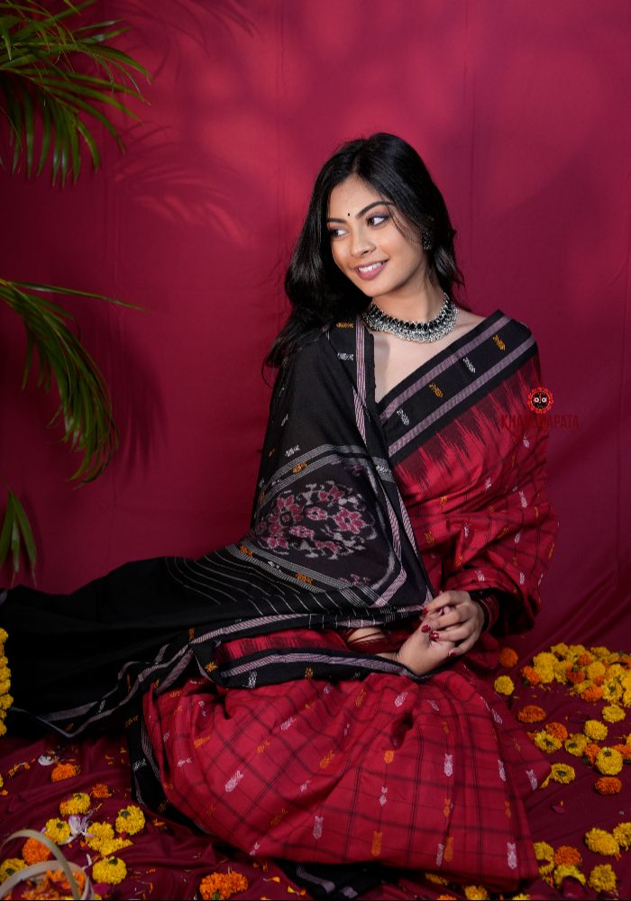 khanduapata Red & Black Colour Fish Design Cotton Saree For Women - Distacart