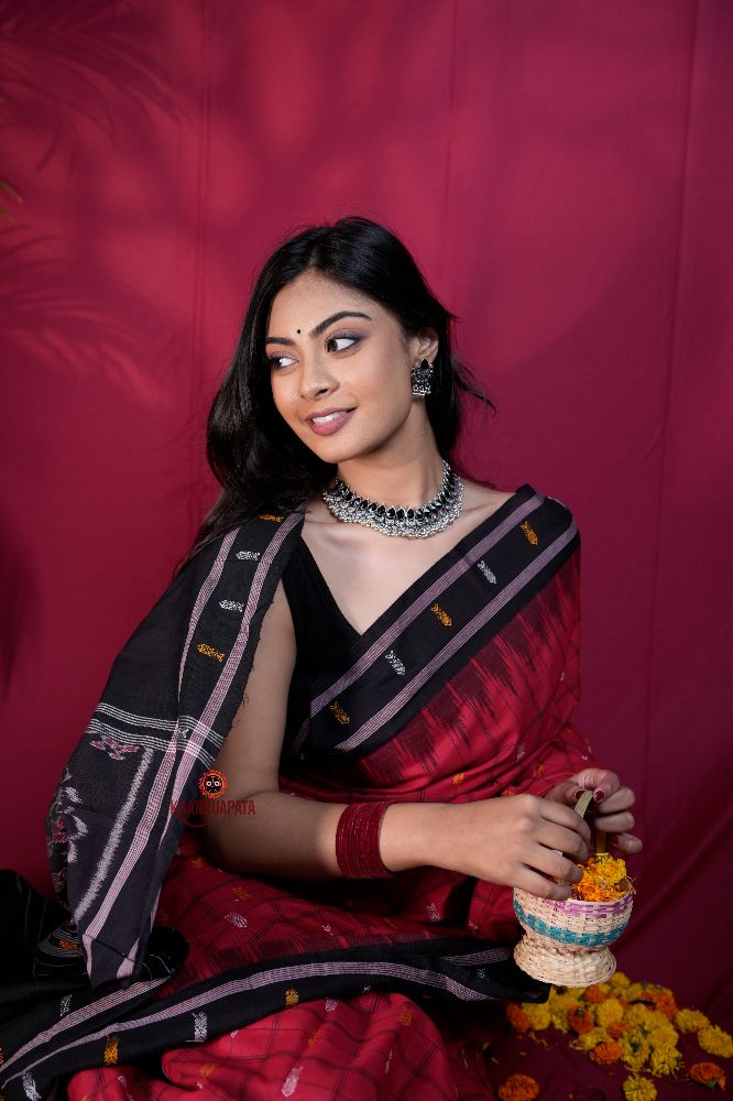 khanduapata Red & Black Colour Fish Design Cotton Saree For Women - Distacart