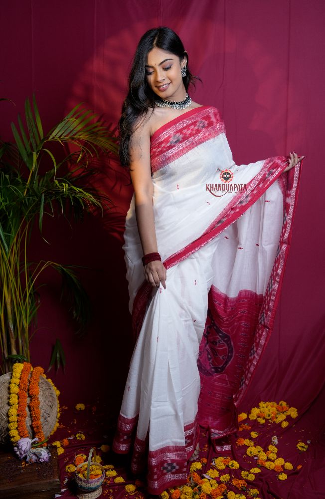 khanduapata White & Red Double Border Design Cotton Saree For Women - Distacart