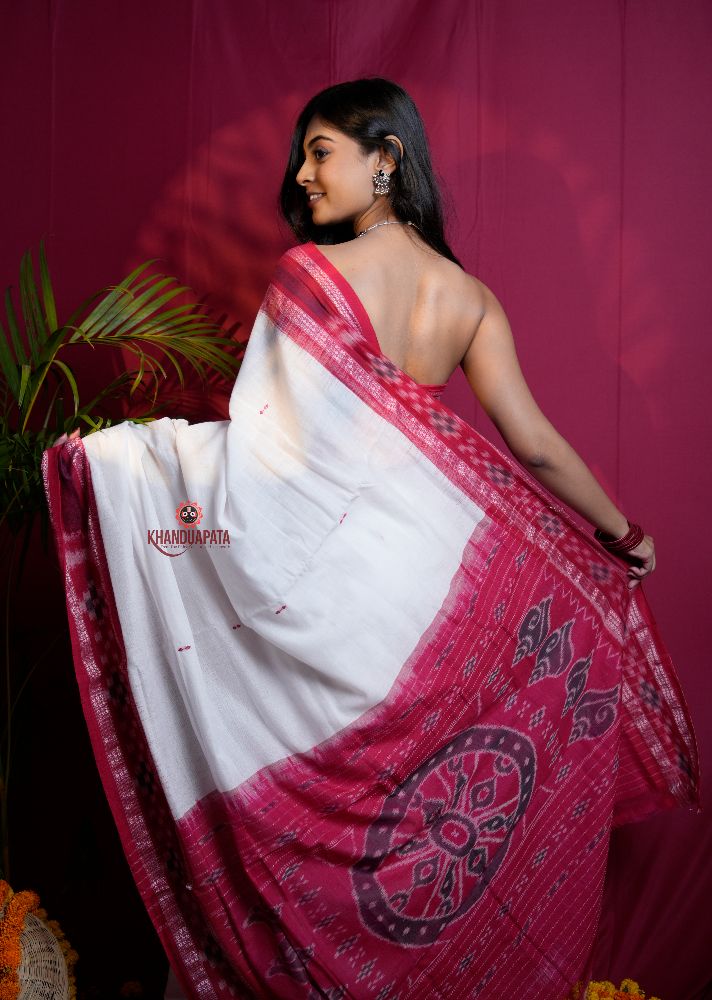 khanduapata White & Red Double Border Design Cotton Saree For Women - Distacart