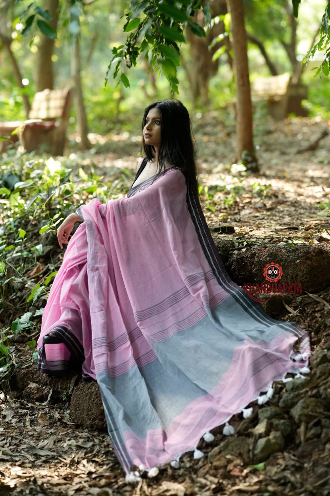 khanduapata Pink and Black Colour Plain Cotton Saree For Women - Distacart