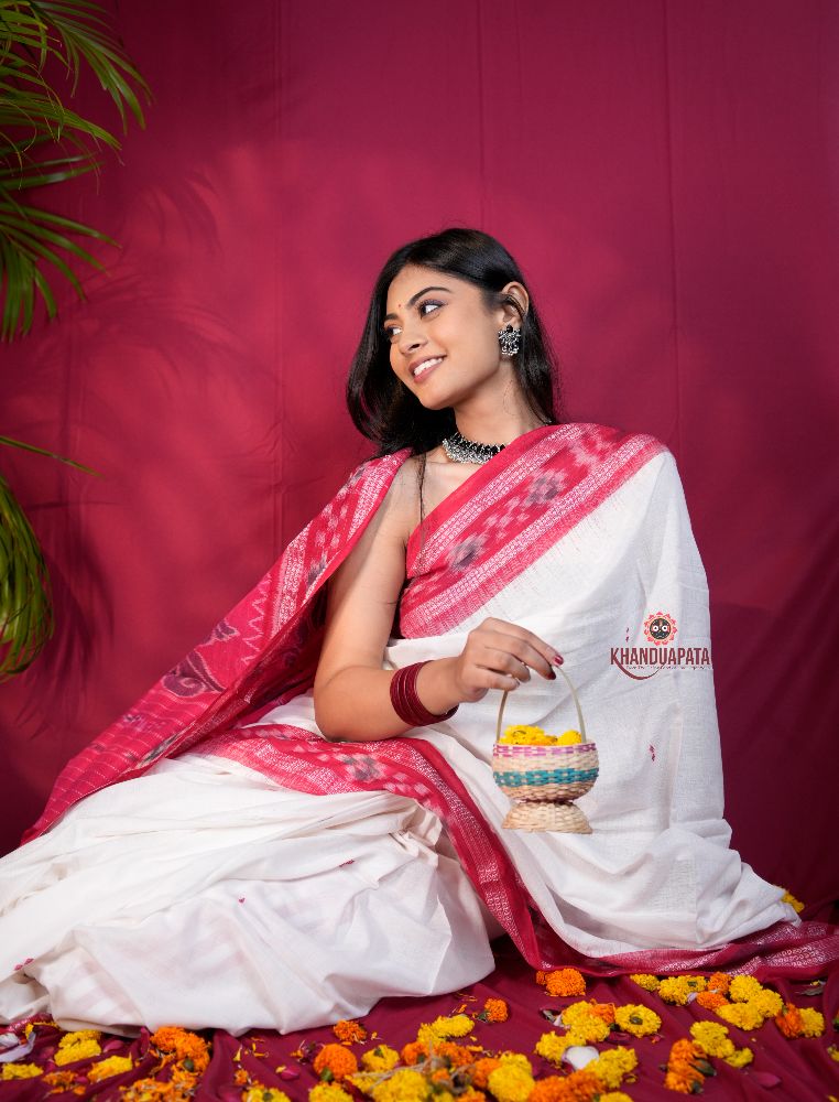 khanduapata White & Red Double Border Design Cotton Saree For Women - Distacart