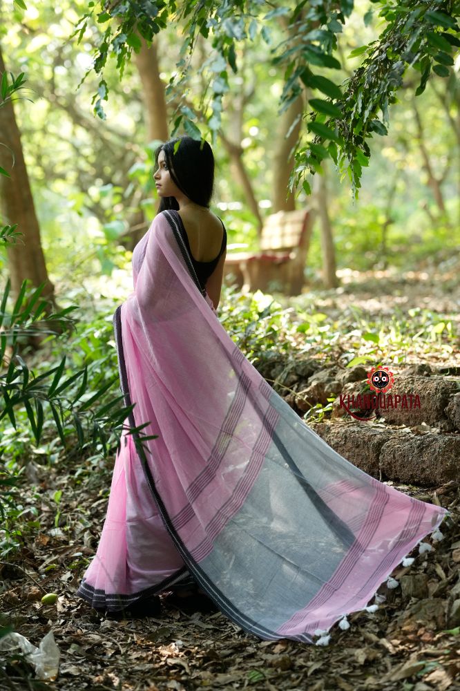 khanduapata Pink and Black Colour Plain Cotton Saree For Women - Distacart