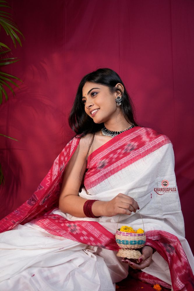khanduapata White & Red Double Border Design Cotton Saree For Women - Distacart