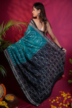 khanduapata Black & Turquoise Blue Colour Tribal Design Cotton Saree For Women - Distacart
