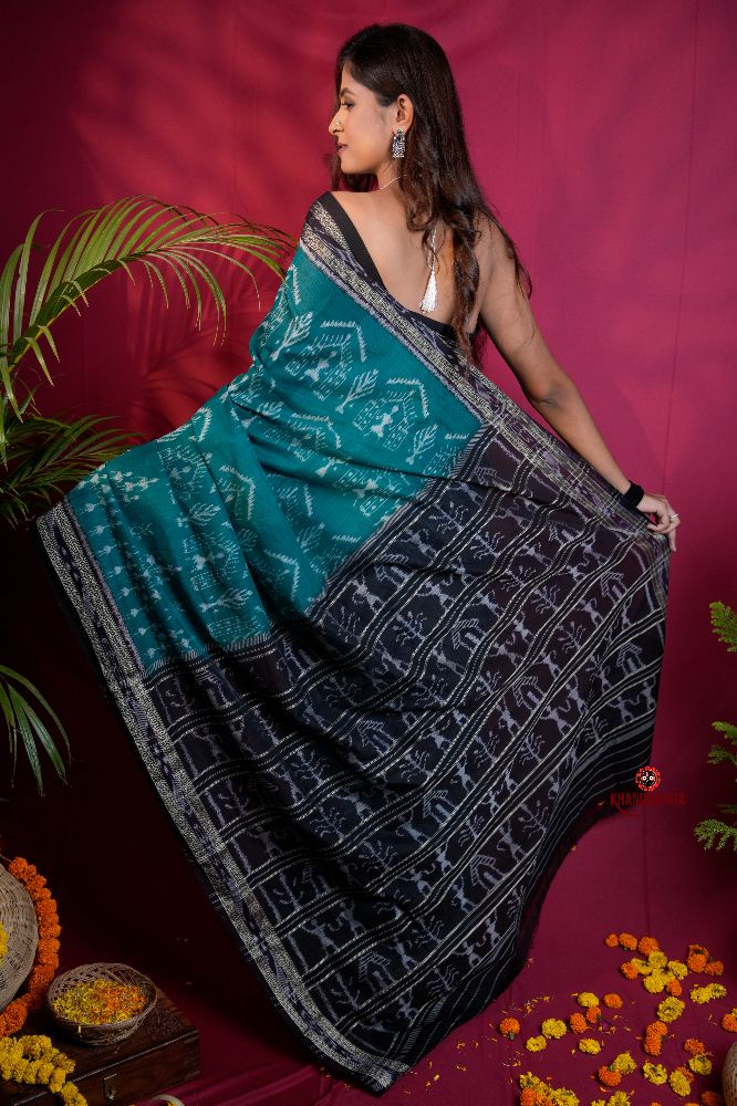 khanduapata Black & Turquoise Blue Colour Tribal Design Cotton Saree For Women - Distacart