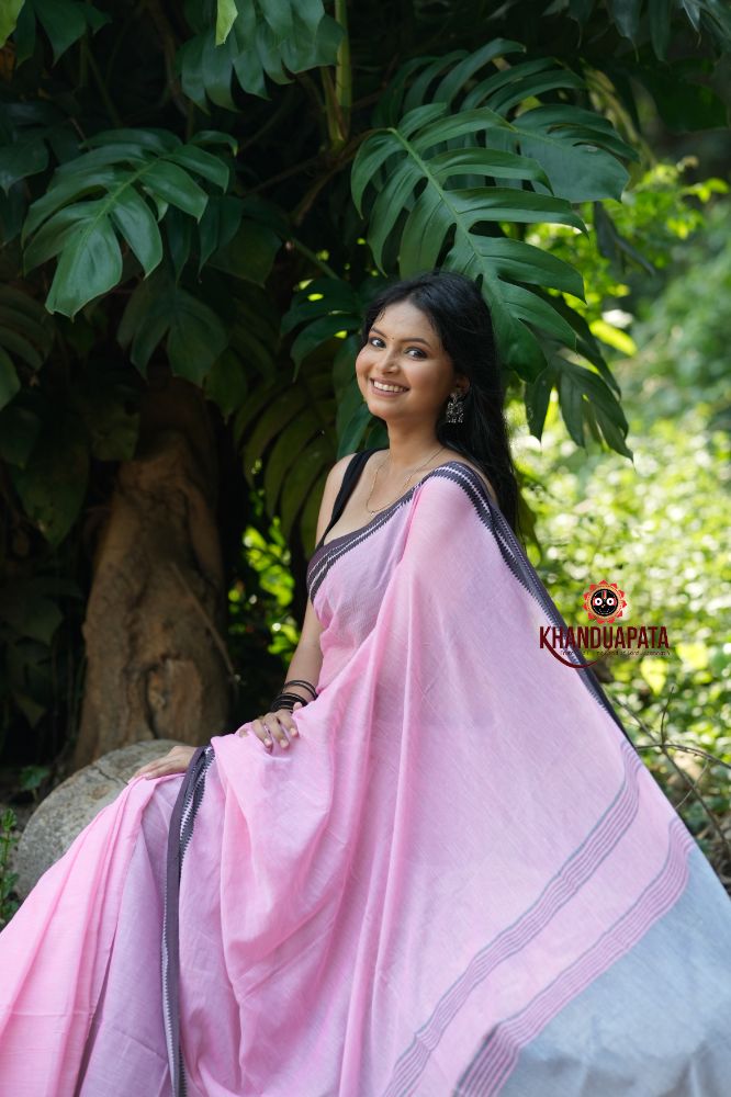 khanduapata Pink and Black Colour Plain Cotton Saree For Women - Distacart