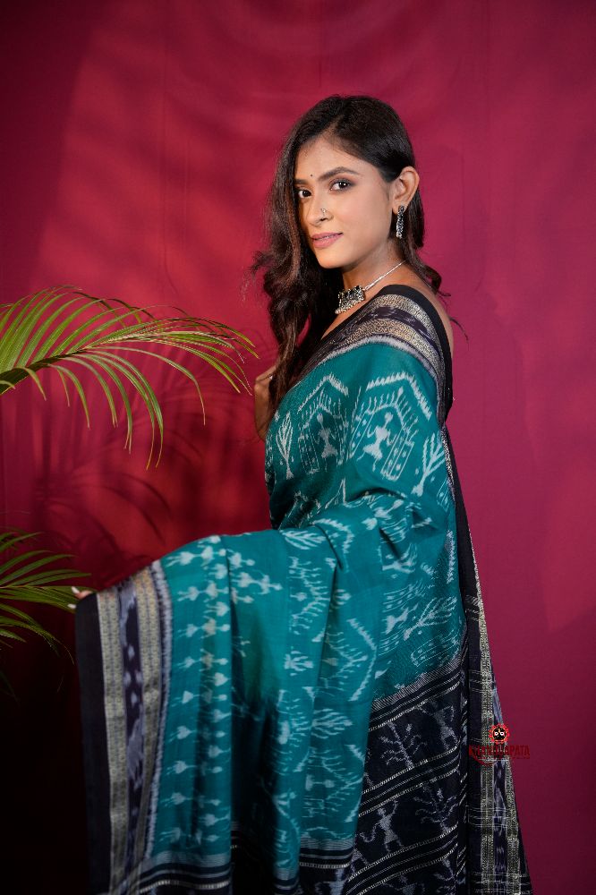 khanduapata Black & Turquoise Blue Colour Tribal Design Cotton Saree For Women - Distacart