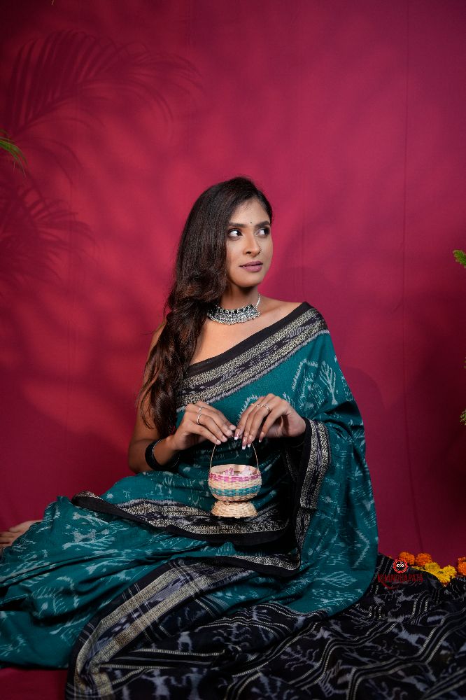 khanduapata Black & Turquoise Blue Colour Tribal Design Cotton Saree For Women - Distacart