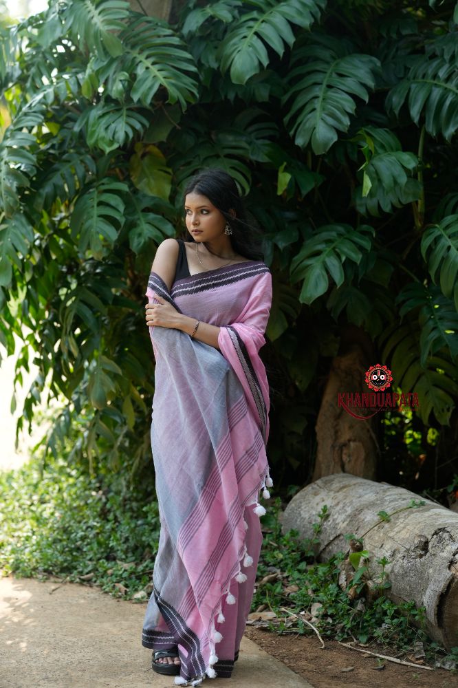 khanduapata Pink and Black Colour Plain Cotton Saree For Women - Distacart