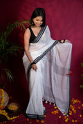 khanduapata White and Black Colour Plain Cotton Saree For Women - Distacart