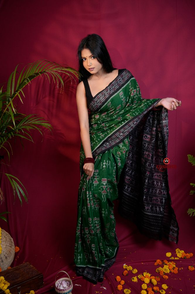 khanduapata Black & Green Colour Doll Design Cotton Saree For Women - Distacart