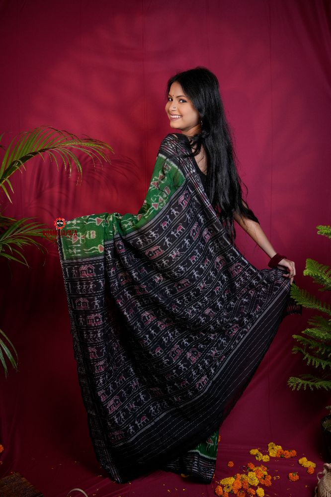 khanduapata Black & Green Colour Doll Design Cotton Saree For Women - Distacart