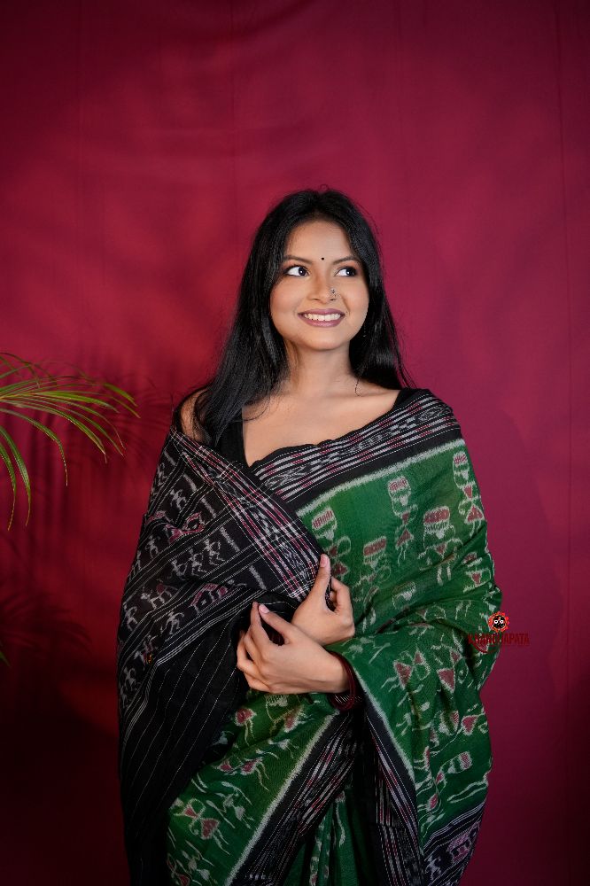 khanduapata Black & Green Colour Doll Design Cotton Saree For Women - Distacart