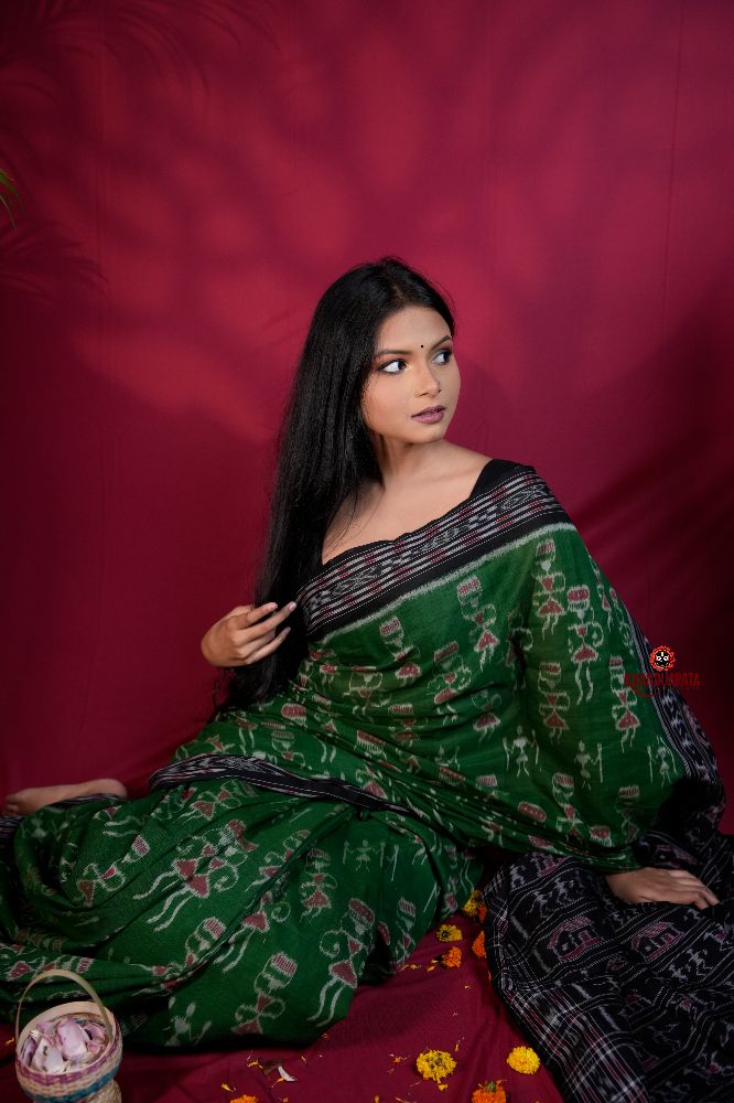 khanduapata Black & Green Colour Doll Design Cotton Saree For Women - Distacart