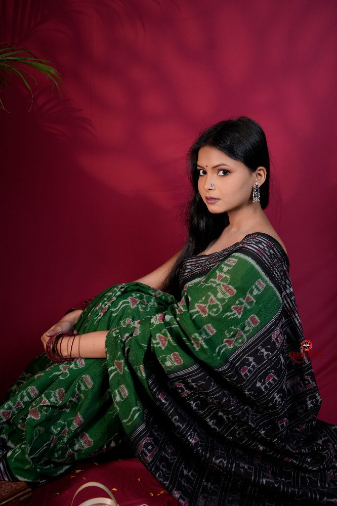khanduapata Black & Green Colour Doll Design Cotton Saree For Women - Distacart