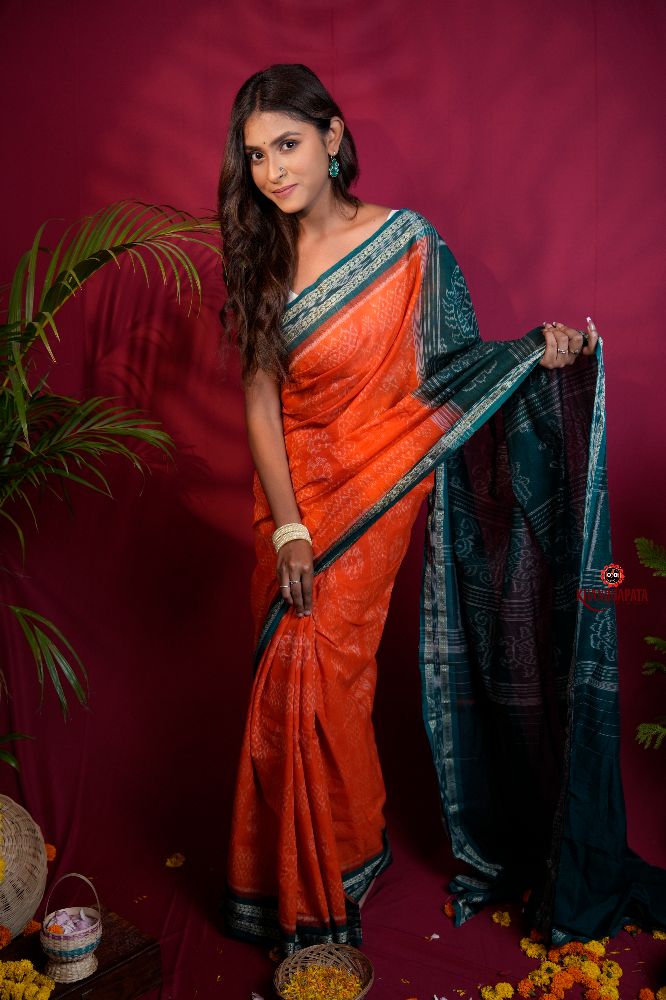 khanduapata Orange & Teal Colour Body Design Cotton Saree For Women - Distacart
