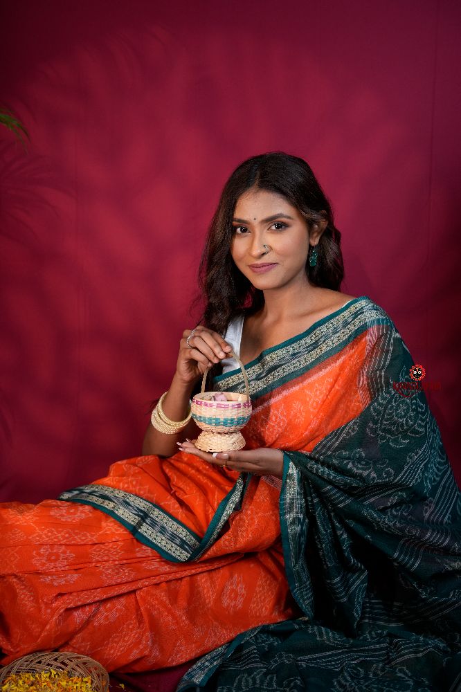 khanduapata Orange & Teal Colour Body Design Cotton Saree For Women - Distacart