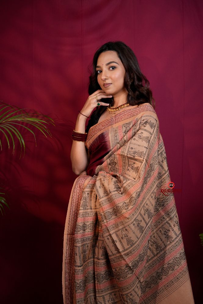 khanduapata Maroon & Beige Colour Doll Design Cotton Saree For Women - Distacart