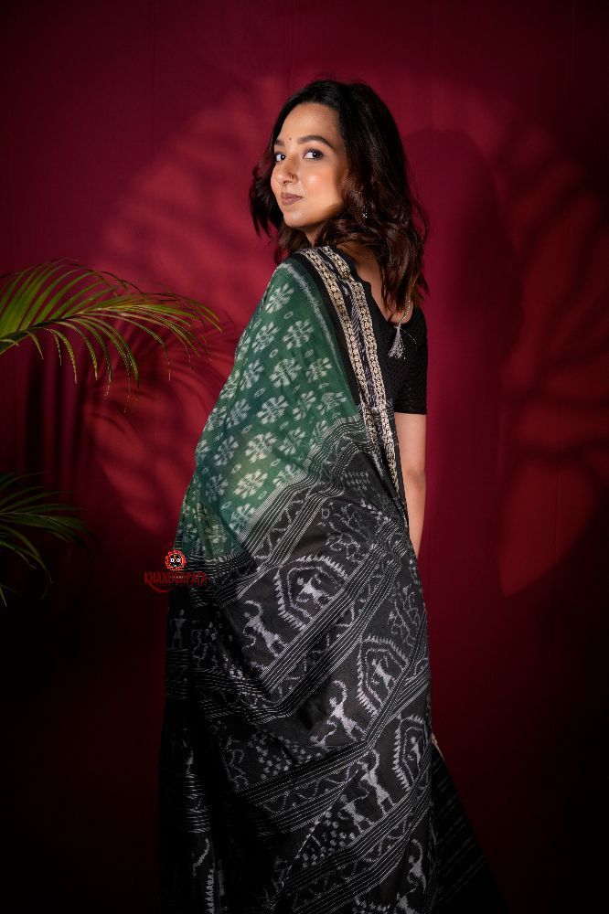 khanduapata Green & Black Colour Flower Design Cotton Saree For Women - Distacart
