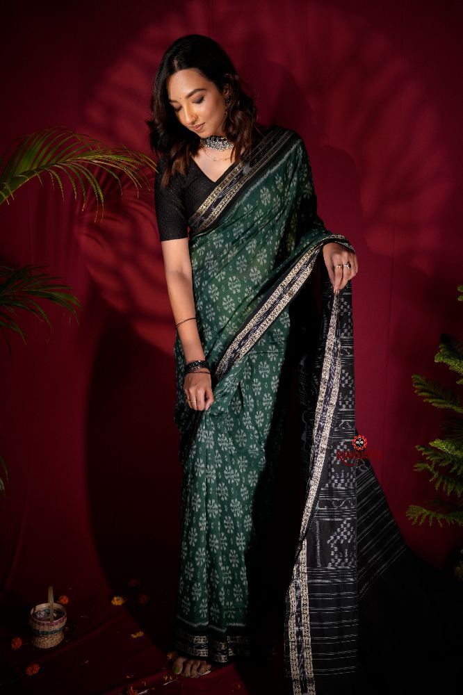 khanduapata Green & Black Colour Flower Design Cotton Saree For Women - Distacart