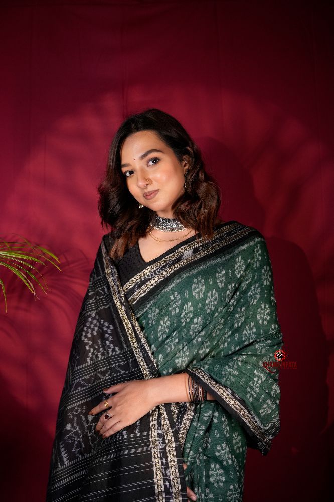 khanduapata Green & Black Colour Flower Design Cotton Saree For Women - Distacart