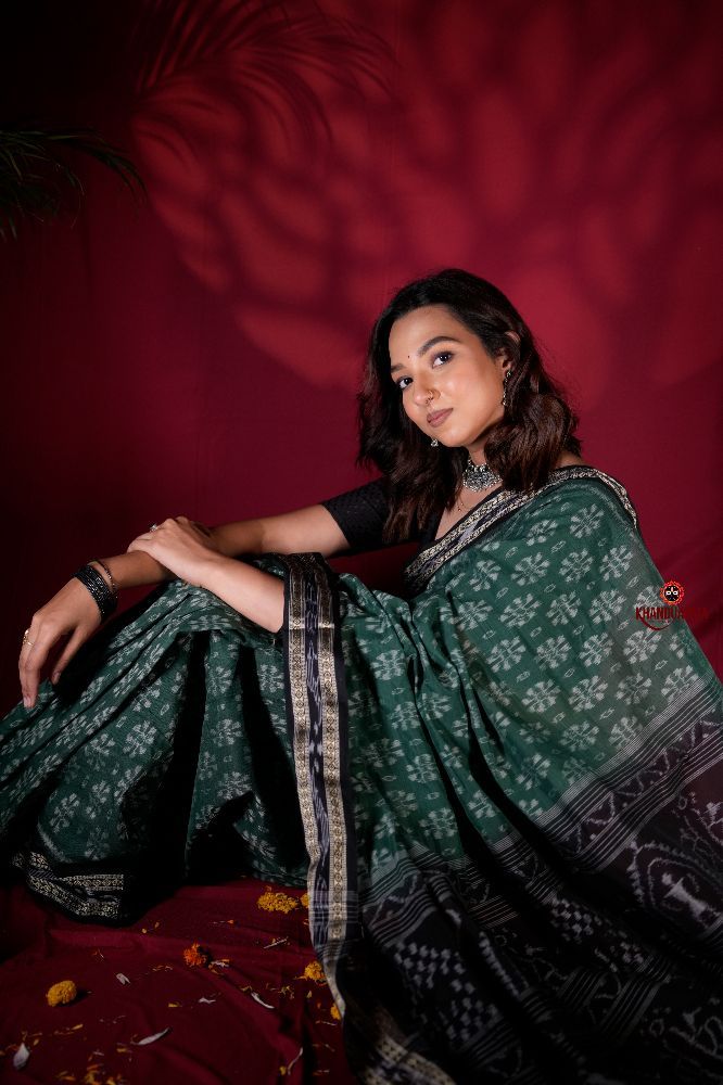 khanduapata Green & Black Colour Flower Design Cotton Saree For Women - Distacart