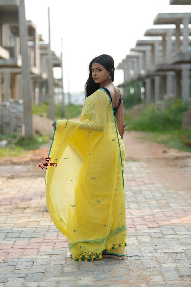khanduapata Yellow and Green Leaf Pattern Cotton Saree For Women - Distacart
