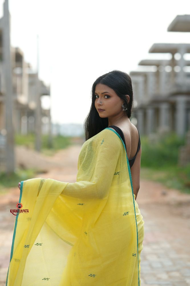 khanduapata Yellow and Green Leaf Pattern Cotton Saree For Women - Distacart