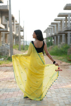 khanduapata Yellow and Green Leaf Pattern Cotton Saree For Women - Distacart