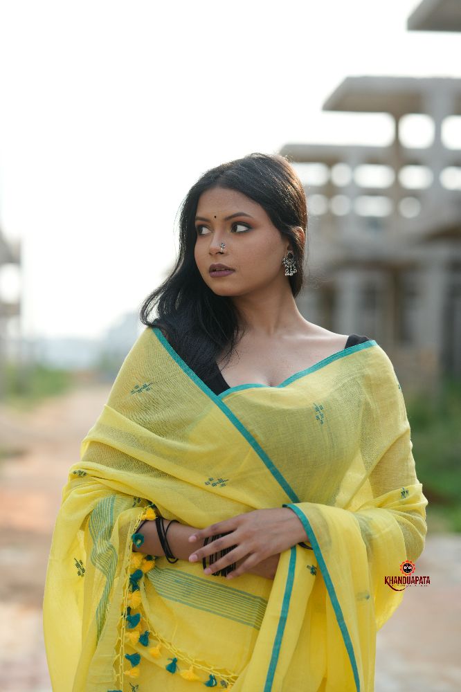 khanduapata Yellow and Green Leaf Pattern Cotton Saree For Women - Distacart