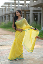 khanduapata Yellow and Green Leaf Pattern Cotton Saree For Women - Distacart