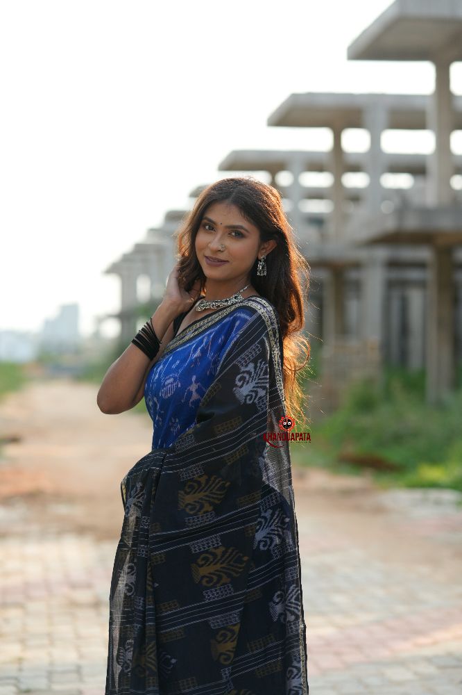 khanduapata Blue & Black Colour Doll Design Cotton Saree For Women - Distacart