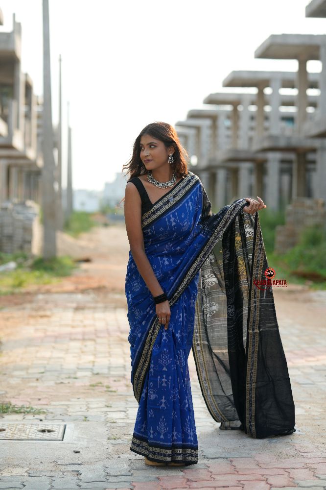 khanduapata Blue & Black Colour Doll Design Cotton Saree For Women - Distacart