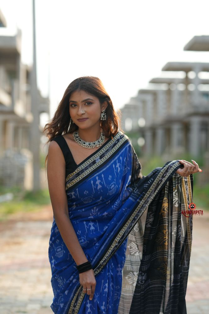 khanduapata Blue & Black Colour Doll Design Cotton Saree For Women - Distacart
