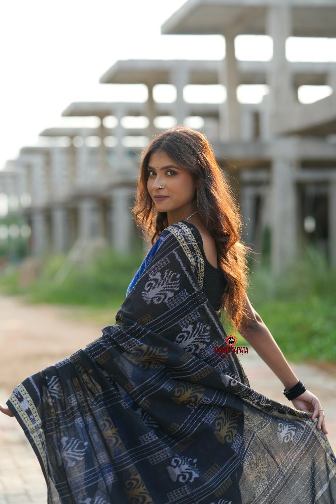 khanduapata Blue & Black Colour Doll Design Cotton Saree For Women - Distacart