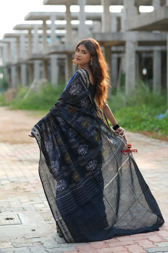 khanduapata Blue & Black Colour Doll Design Cotton Saree For Women - Distacart
