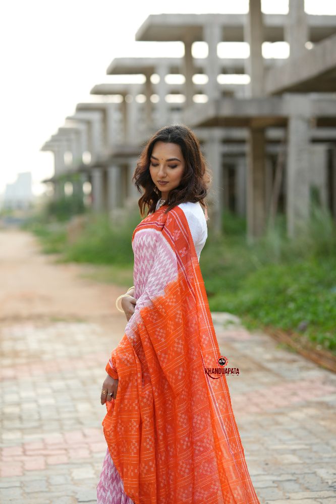 khanduapata Orange & Pink Border Pasapali Design Cotton Saree For Women - Distacart
